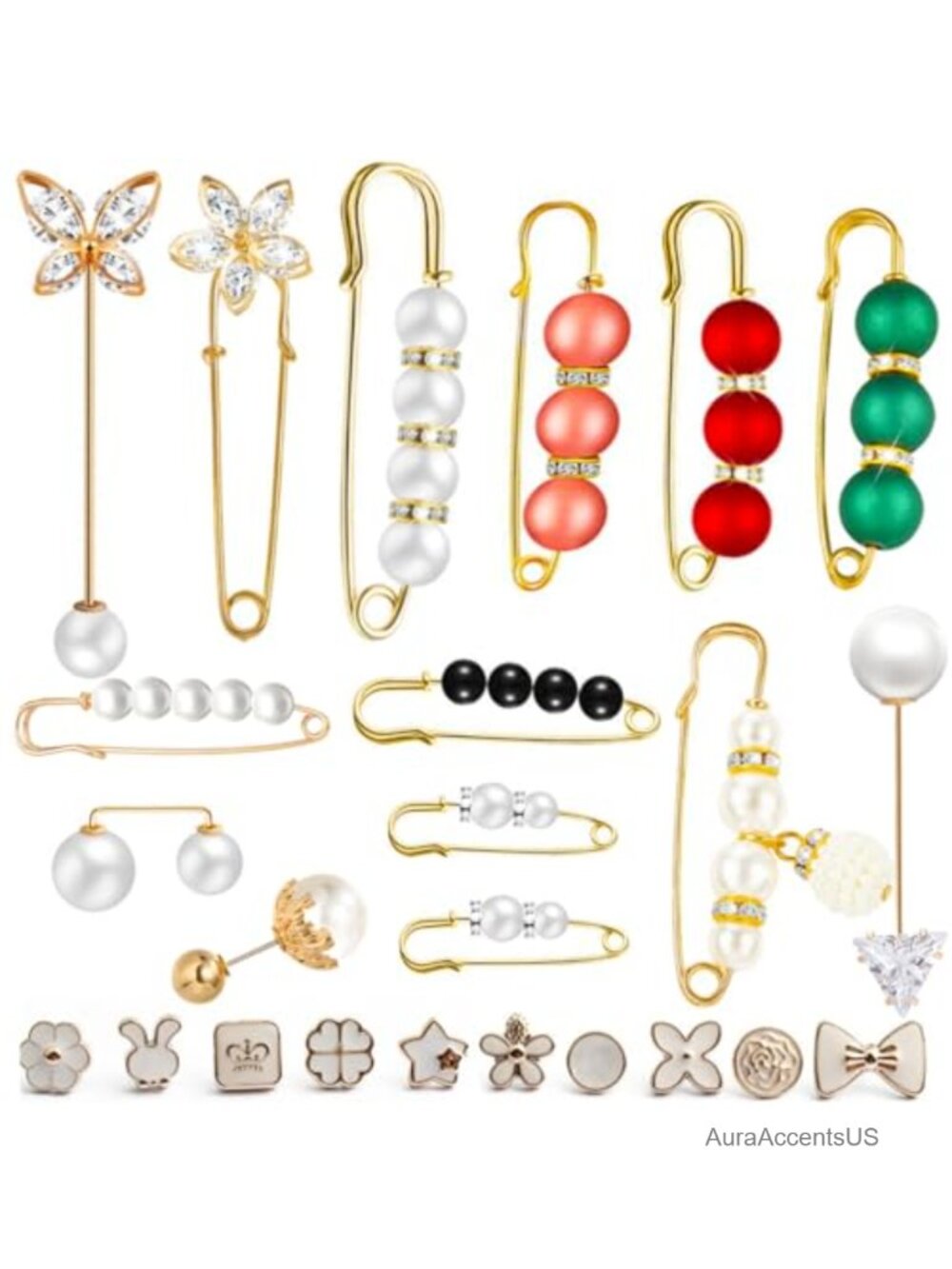 Faux Pearl Brooch Pins Set with Box - Safety Pins for Women Clothing